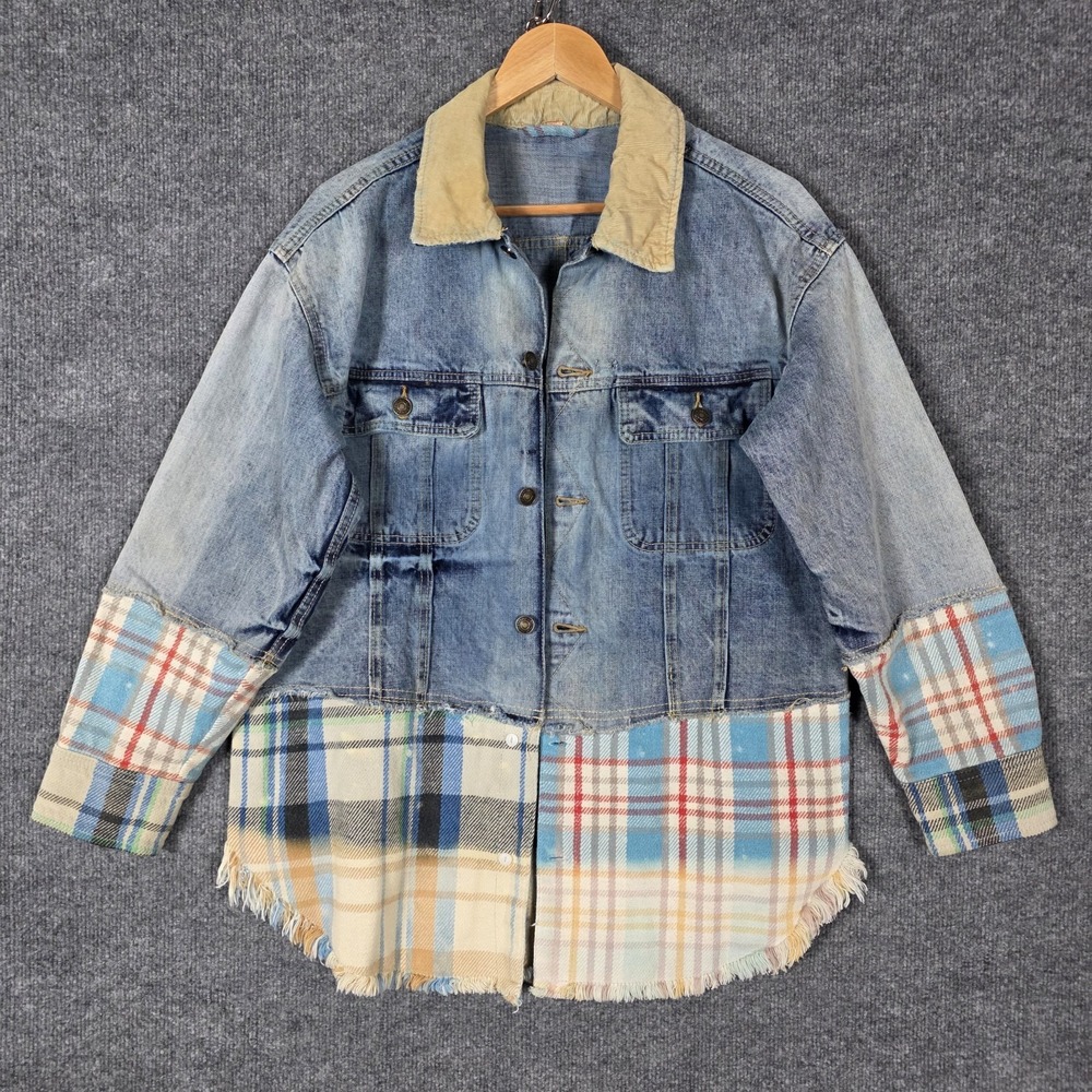 Free People L Sirius Upcycled Denim Plaid Jacket Crochet Evil Eye Jean Flannel - Picture 2 of 12